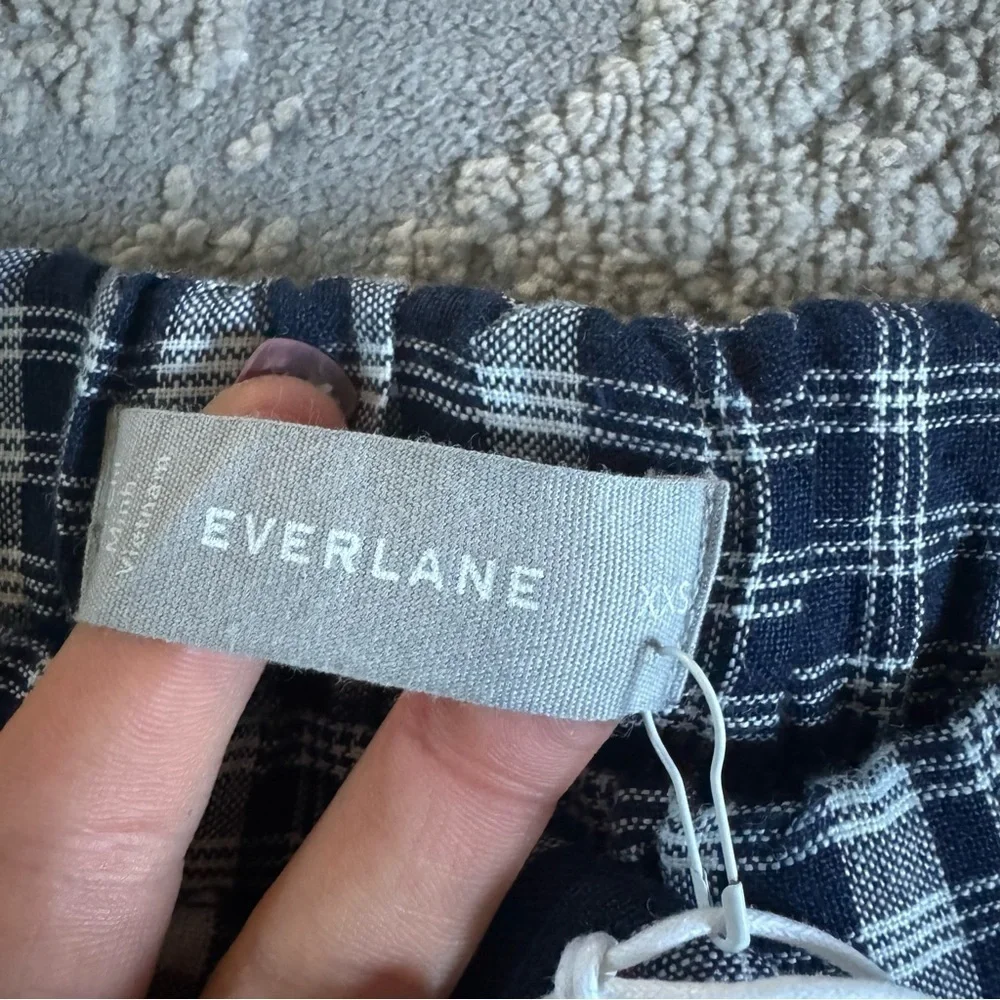 Everlane Plaid Linen Barrel Pant pull on checker navy white academia XXS new